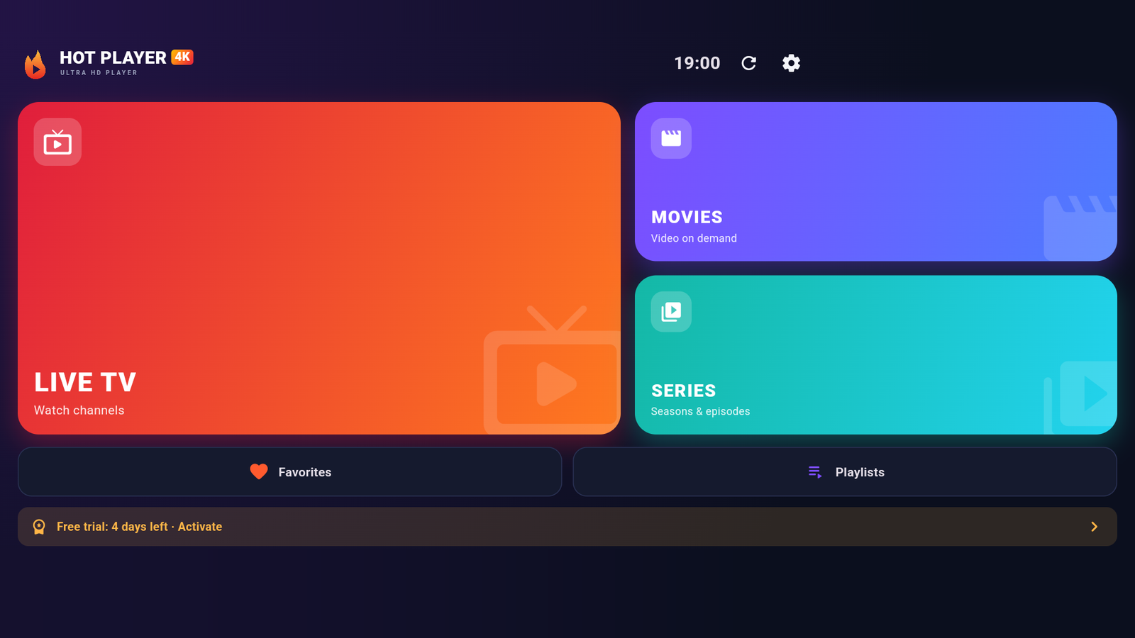 HOT PLAYER 4K home screen on a TV: Live TV, Movies and Series
